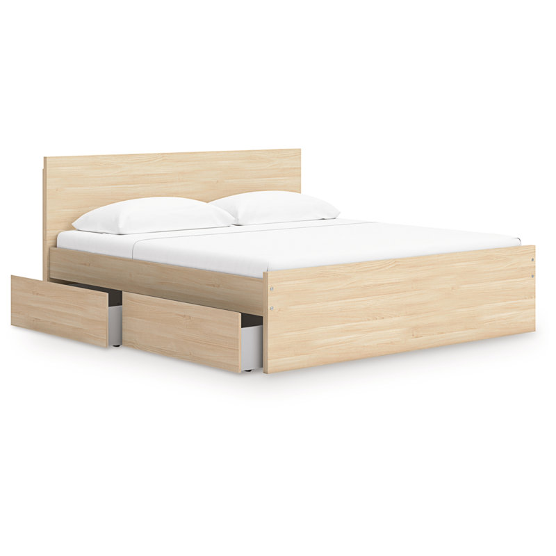 Grand lit plateforme Dunagan avec rangement à 2 côtés, Beige, Grand lit