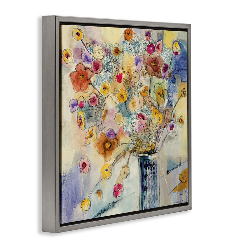 Dessin de fleurs chaotiques, Cadre flottant gris lustré, H 18 po x l 18 po