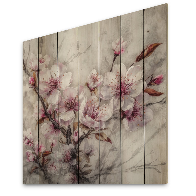 Fleur de cerisier rose II sur bois, H 15 po x l 15 po x P 0,78 po