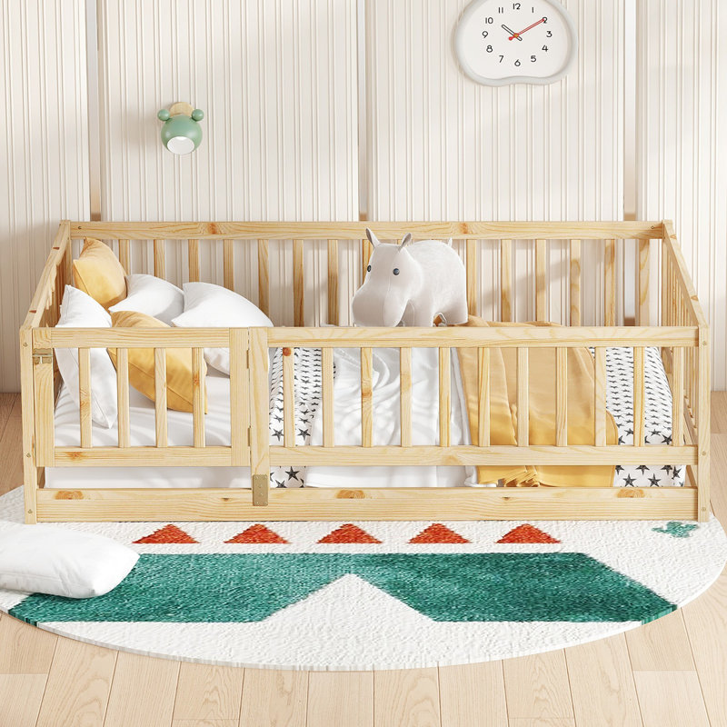 Twin Size Floor Wood Bed, 7 Slats, Full, Oak