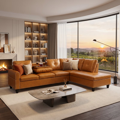 Brown Faux Leather L-Shaped Sectional Sofa with Right Chaise, Nailhead Trim, Built-in Tray & Cup Holders, 2-Piece Modular Couch