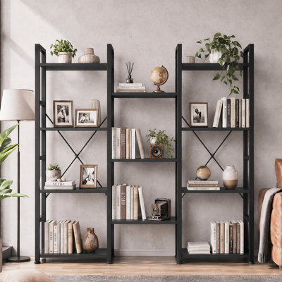 Reversible L-Shaped Desk with Triple Wide Bookcase, Industrial Home Office Furniture Set