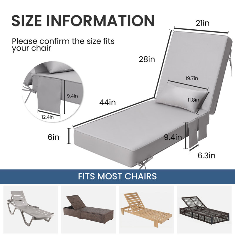 Coussin de siège / dossier de chaise longue l 21 po x P 72 po x H 6 po avec coussin et poche, 2, Gris clair