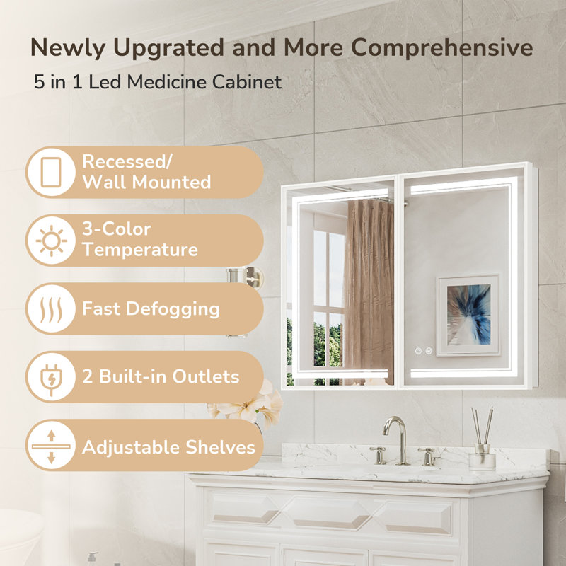 Kassady Recessed & Surface Led Lighted Bathroom Medicine Cabinet Framed 3-Color 2 Outlets Defog Medicine Cabinet with Mirror