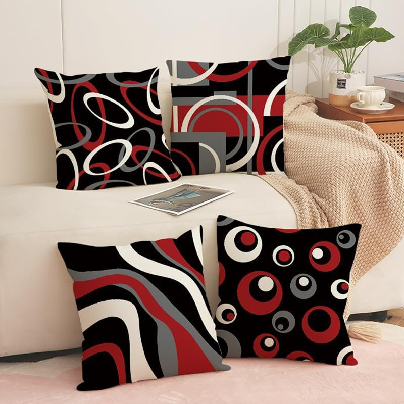 Ensemble de 4 housses de coussins décoratifs ..., Noir / gris / blanc / rouge géométrique