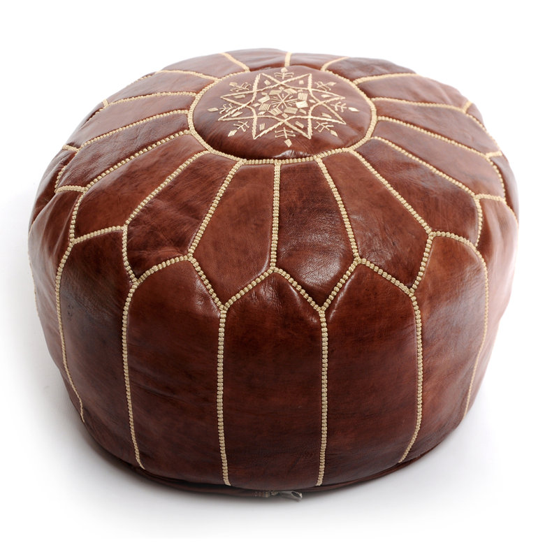 Upholstered Pouf, Morrocan Leather Dark Tan, Dark Tan
