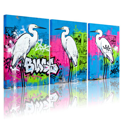 Ensemble de 3 tableaux muraux sur toile tendue, style graffiti héron
