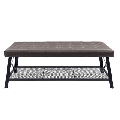Modern Faux Leather Tufted Ottoman Coffee Table, 48-Inch Tufted Faux Leather Footstool With Black Metal Frame And Bottom Mesh Basket, Rectangular Side Table For Living Room Seating Area, Easy Assembly