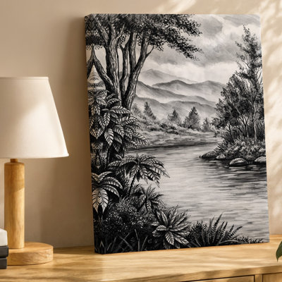 Canvas A Serene Monochromatic Landscape Featuring A Tranquil Pond Surrounded By Wall Art Lush Detailed Foliage And Towering Trees The Canvas Wall Art