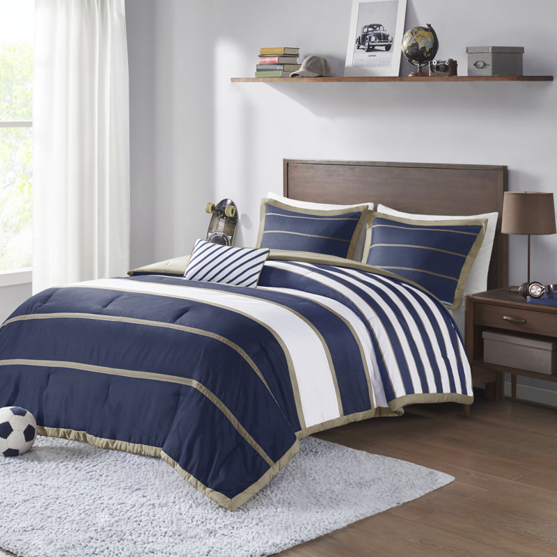 Ashton Striped 4-Piece King/Cal King Comforter Set, Khaki/Navy, King/Cal King Comforter + 2 Shams + 1 Pillow