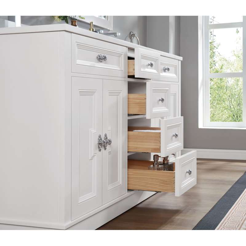 60" Solid Wood Sink Vanity With 1" Artificial Stone Top, Polished Chrome, White