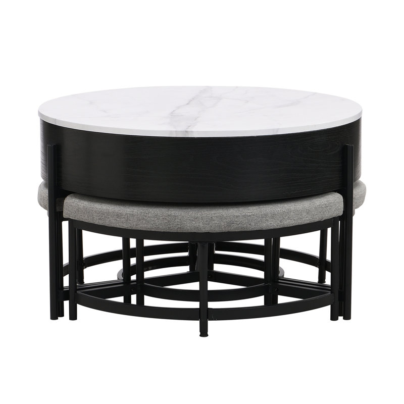 Table basse à plateau relevable moderne avec rangement et 3 repose-pieds, Noir; gris clair; blanc