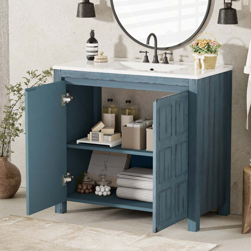 Meuble-lavabo de salle de bain avec lavabo en céramique, Bleu rétro
