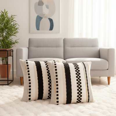 Black Neutral Tone Pillow Covers, 18X18 Inches Set Of Two, Bohemian Farmhouse Striped Chenille