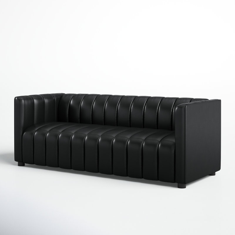 Anorea 83'' Genuine Leather Channel Tufted Sofa, Black Genuine Leather