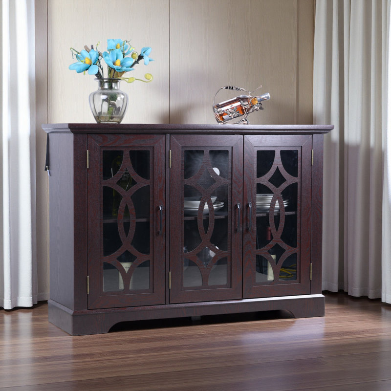 Buffet spacieux à 3 portes en verre trempé transparent avec tablette réglable, panneau de fibres à densité moyenne et armoire de rangement en stratifié décoratif pour salle à manger