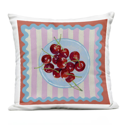 Red Cherries over Pink Stripes Outdoor Printed Pillow, design by Rachael Reese