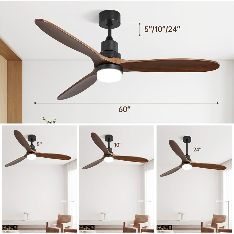 Ventilateur de plafond 60 pouces avec 3 lumières et 3 pales en bois massif