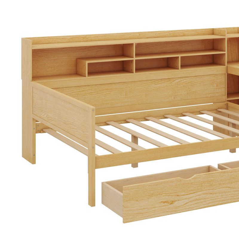 Lit de jour en bois avec rangement intégré, tiroirs et bureau de travail attenant, Naturel