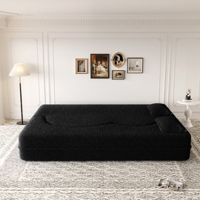 Modern Black Teddy Fabric Convertible Floor Sofa Bed with 2 Pillows