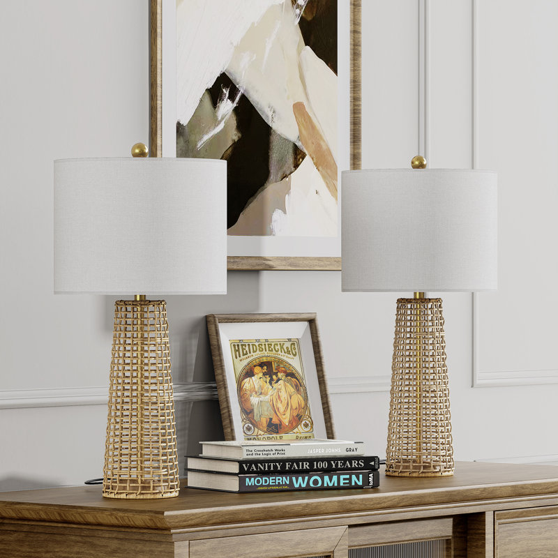 26.5'' Dimmable Traditional Rattan Table Lamp For Living Room/Bedroom, Gold