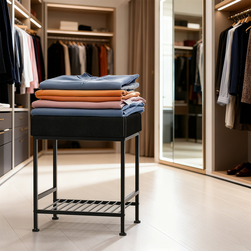 Tabouret de rangement en similicuir carré noir - Structure en métal robuste avec tablette inférieure pour la salle à manger, le placard et le salon