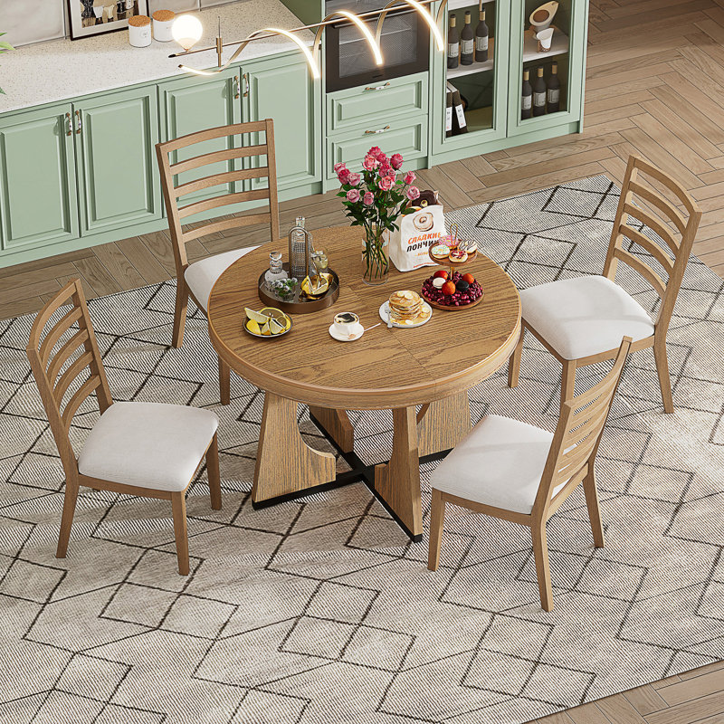 Ensemble de table de salle à manger extensible pour 4 personnes avec rallonge amovible et base géométrique rétro, Naturel