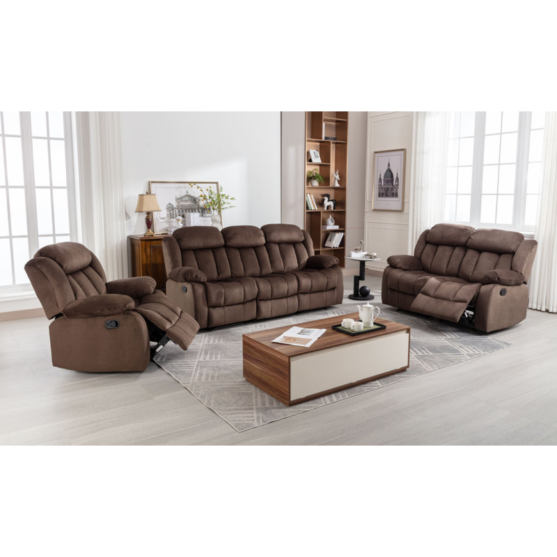 3 - Piece Modern Microfiber Upholstered Reclining Living Room Sets, Brown