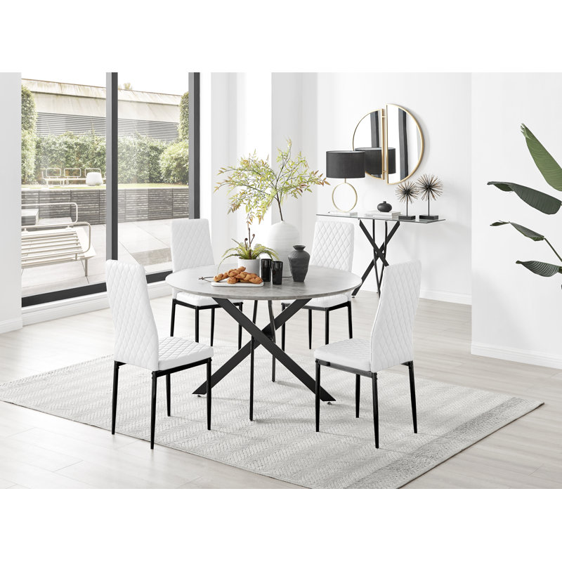 Tierra Modern Chrome Metal & Glass Round Dining Table Set with Quilted Faux Leather Chairs, 4, White