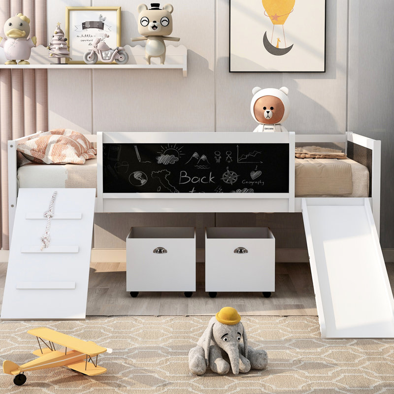 White Twin Loft Bed With Storage. Climb And Explore Frame. Solid Pine Wood For Stability. Double Chalkboard Fun Learning Creativity. Safe Slide A Pleasant Wake-Up. Plywood Storage Boxes Practical Use