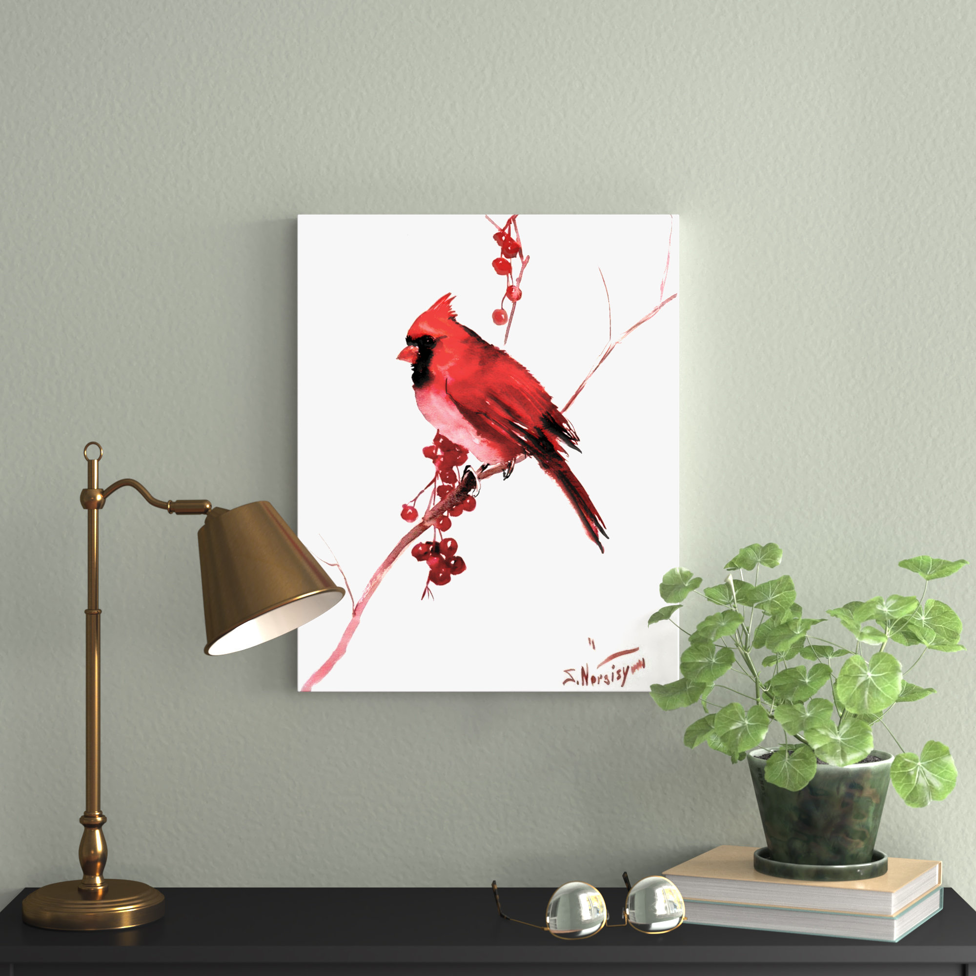 Alcott Hill 'Red Cardinal Bird' Painting Print On Gallery Wrapped Canvas Size: 24 H x 20 W x 1.5 D