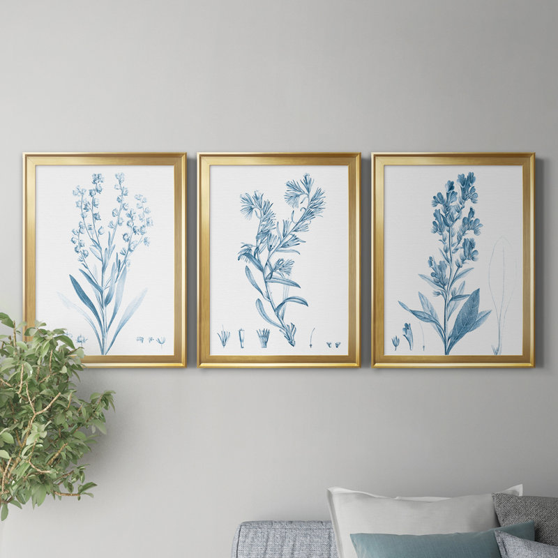 Antique Botanical In Blue I - Ensemble de 3 peintures sur toile encadrées, Doré, H 18,5 po x l 73,5 po x P 1,5 po