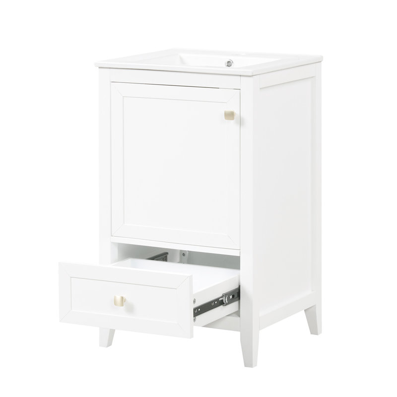 Meuble-lavabo de 20 po de couleur blanche, lavabo en céramique, porte à fermeture en douceur, support de rangement, tiroir, planche, finition peinte, style moderne, lavabo encastré encastré simple de 20 po avec forme rectangulaire,