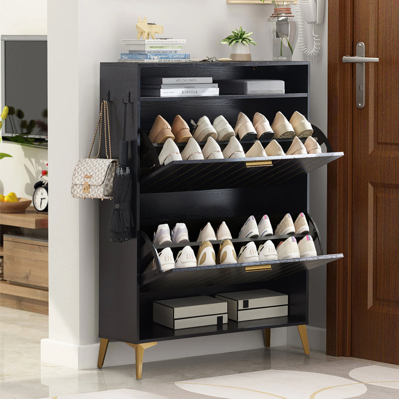 16 Pair Shoe Storage Cabinet Flip Doors Cabinet, Black