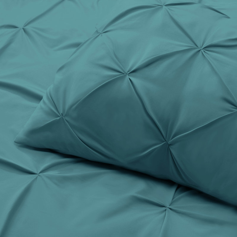 Double Brushed Pleated Duvet Cover Set, Teal, Twin Duvet Cover + 1 Standard Pillowcase