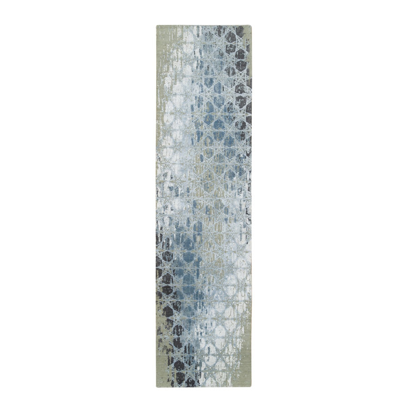 Tapis de passage Â« New Age Â» Tymya, nouÃ© Ã  la main, piÃ¨ce unique, 76 cm x 307 cm, gris