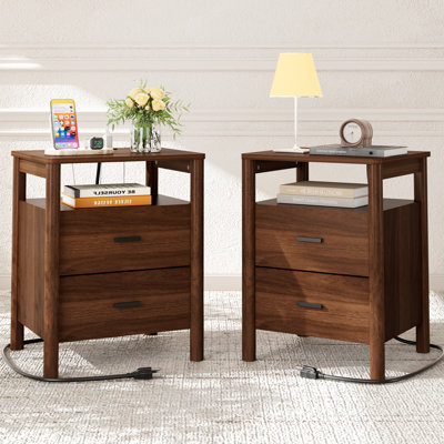 20" Large Nightstand Set of 2 with Charging Station, Solid Round Post Legs, 2 Drawers End Table with Open Shelf