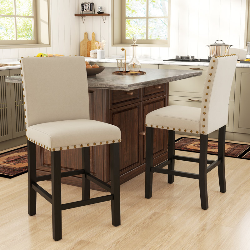 Hort 25" H Mid-century Modern Fabric Upholstered Solid Wood Counter Stool with Low Back, Beige Linen