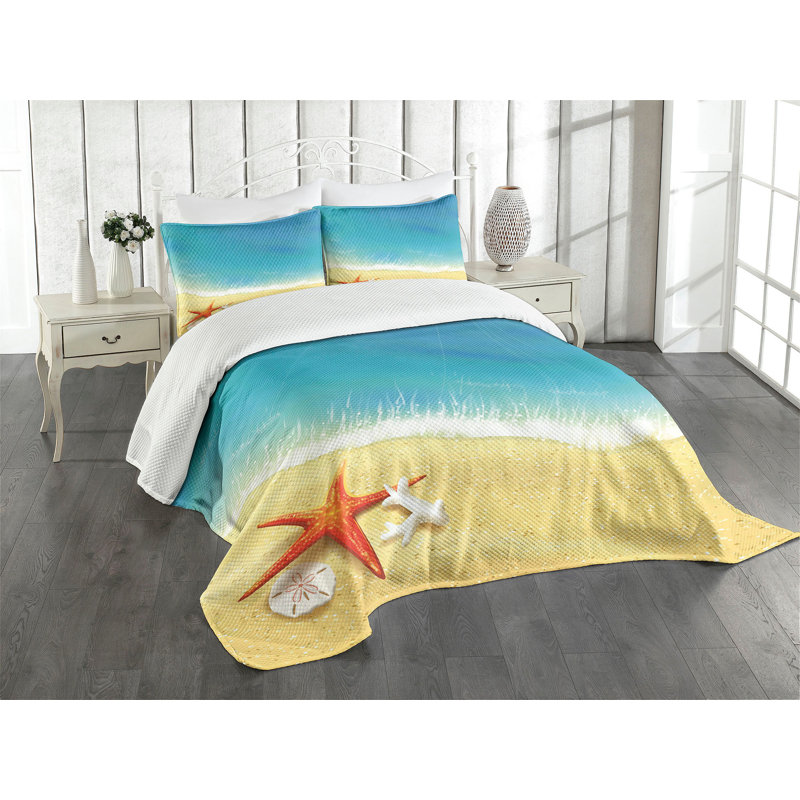 White Quilted Queen Bedspread Set with Beach Design