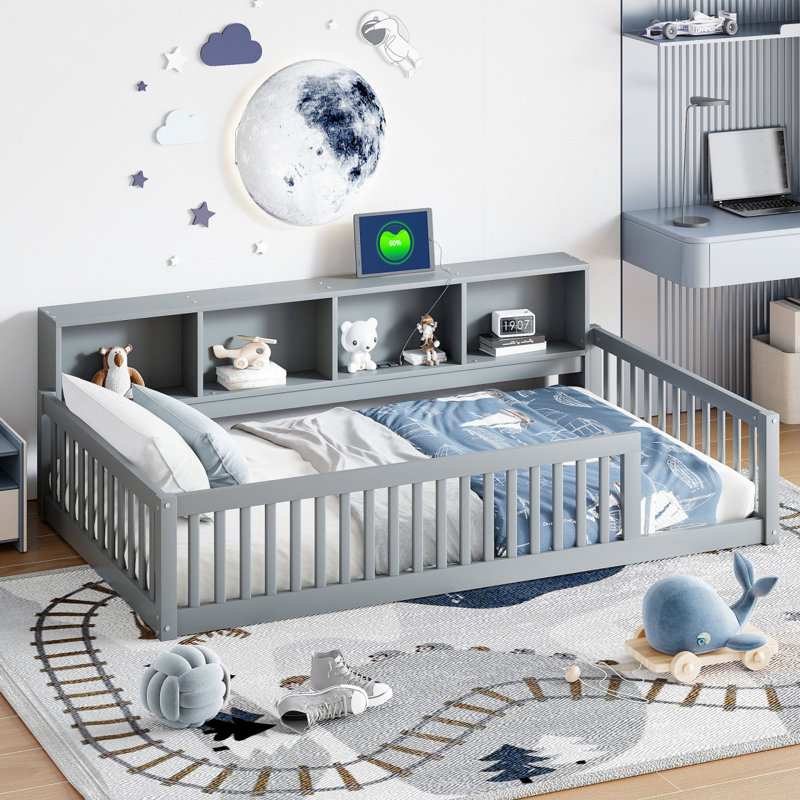 Lit en bois simple TG avec armoires de rangement et ports USB, gris, gris