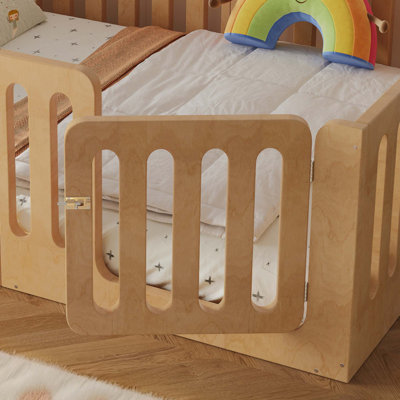 Floor Bed with High Fence for Kids, Solid Wood Kids Montessori Bed with Door, low-profile and No Box Spring Needed Design