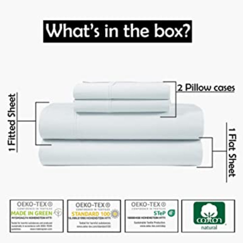 Ensemble de draps en 100 % percale de coton à densité de tissage de 300 fils, Blanc, Drap-housse pour lit simple TG