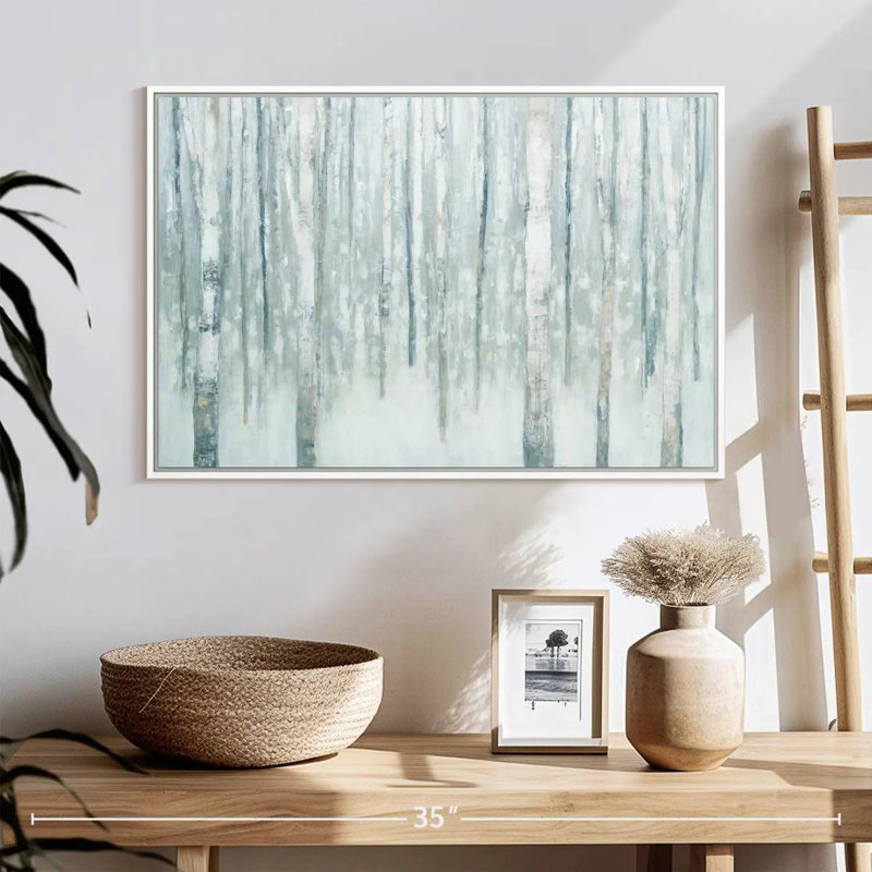 Bouleaux en bleu-gris d'hiver, 25 po x 17 po, Cadre flottant blanc