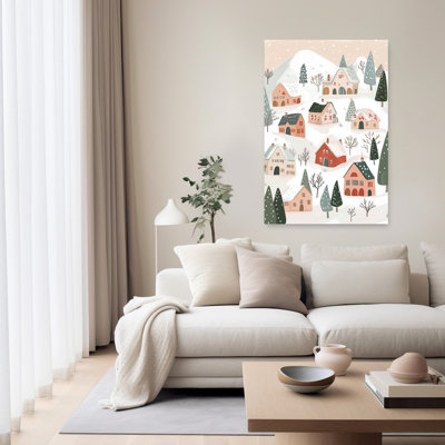 «Snowy Holiday Village Peaceful Rustic Abstract Landscape Winter», reproduction d'art mural
