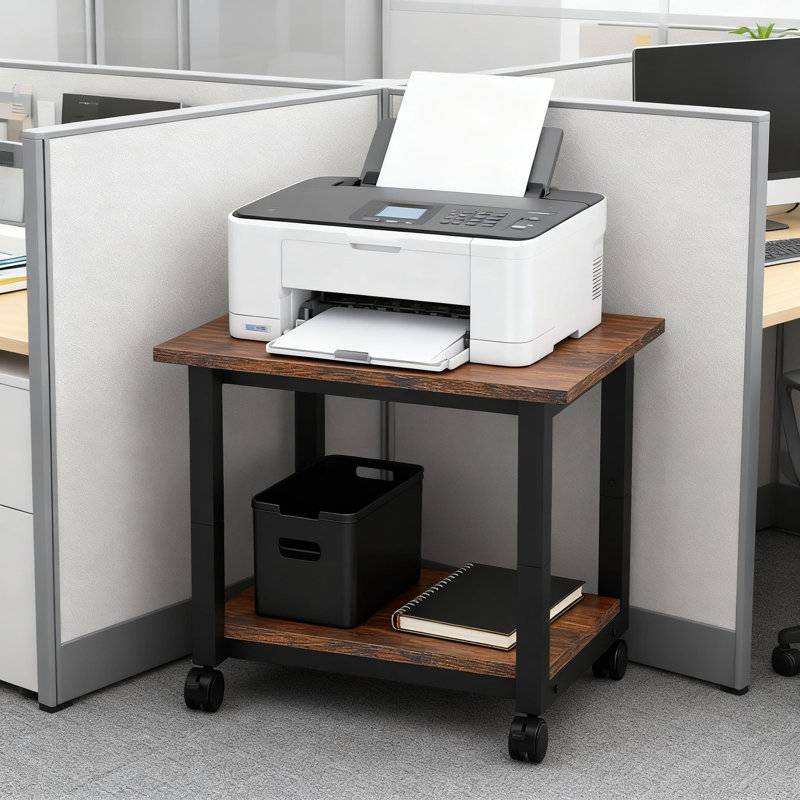 Support pour imprimante à roulettes à 2 niveaux avec roulettes verrouillables, tablettes de rangement robustes pour imprimante, équipement de bureau, scanneur, fax et fournitures