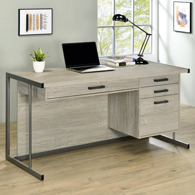 Bureau à 3 tiroirs gris blanchi et gris acier avec plateau à clavier réglable, design industriel rustique, 60 po de largeur, 23,5 po de profondeur, 30,5 po de hauteur, profondeur du produit, largeur, hauteur du plateau en bronze industriel, profond