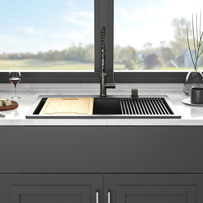 Quartz Kitchen Sink - Granite Composite Drop-In Single Bowl Kitchen Sink, Black