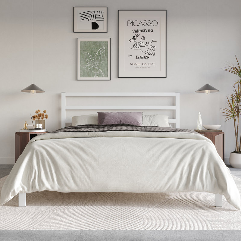 Deareon Upholstered Metal Platform Bed, White, Queen