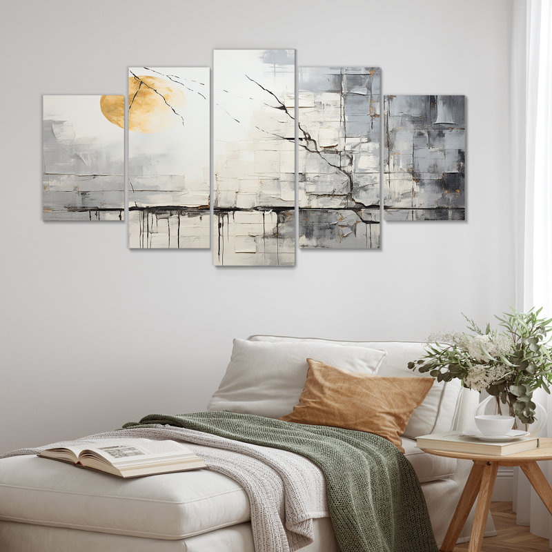 «Stone River» gris et blanc, ensemble d'art mural abstrait multipanel