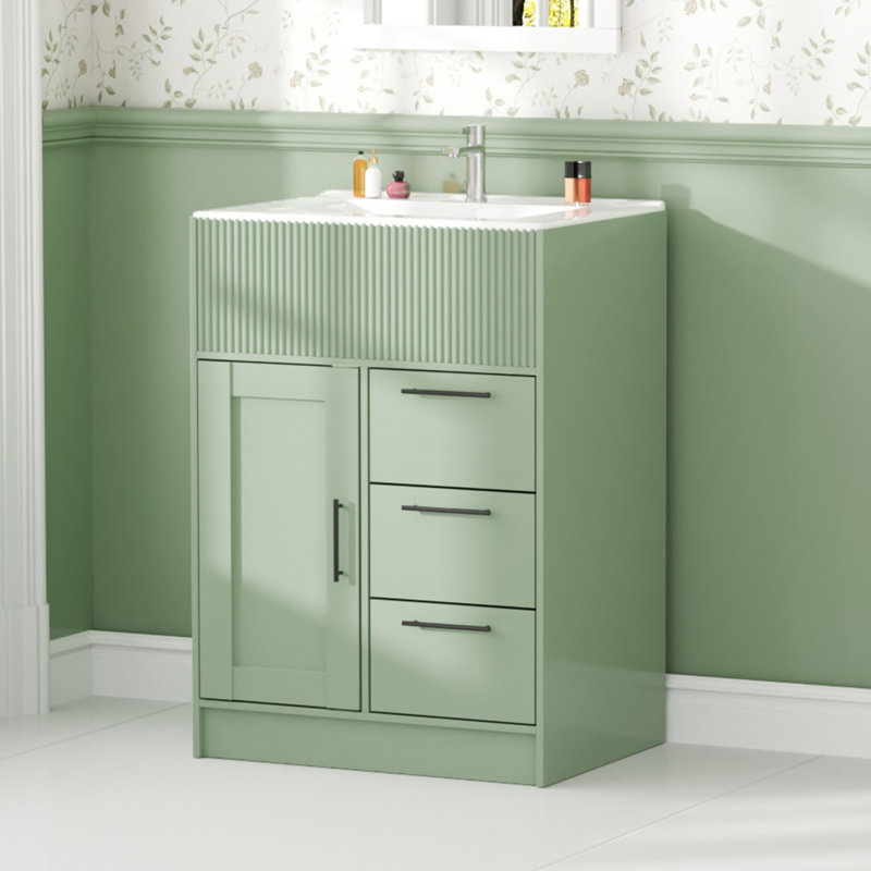 24" Modern Green Freestanding Single Sink Bathroom Vanity Set with Integrated Sink and Storage, Green